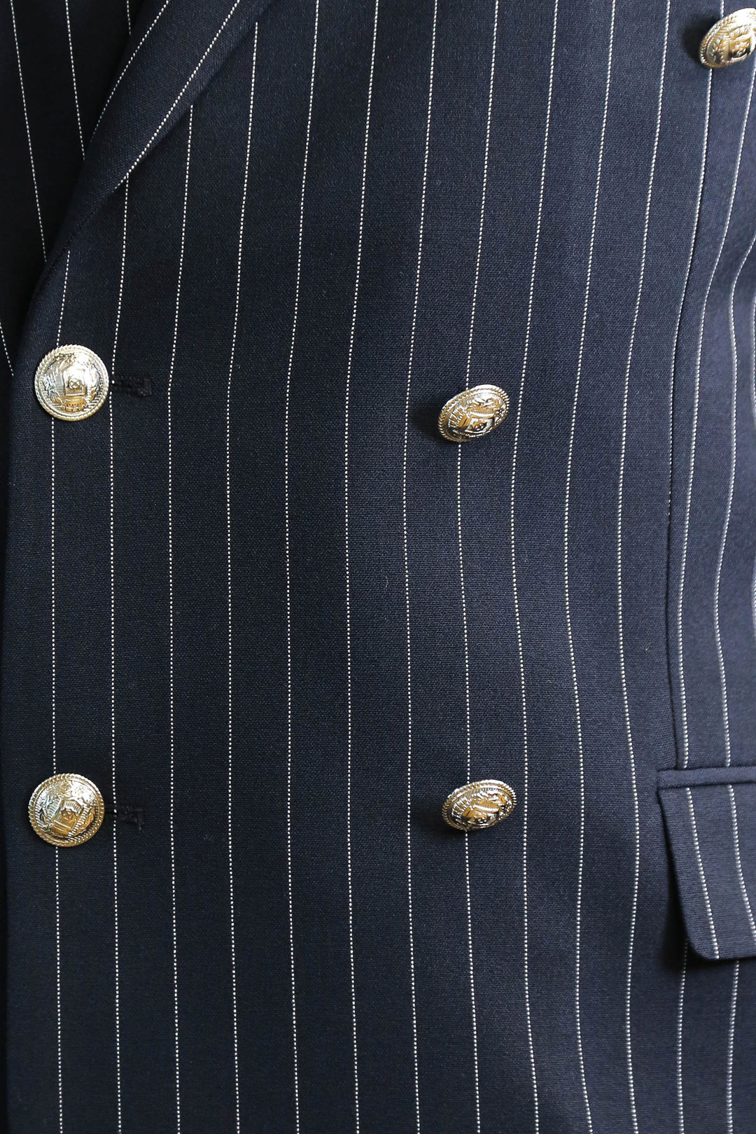 WSS Pinstripe Double Breasted Men’s Navy Blue Suit with Silver Button Details  - Wheeling
