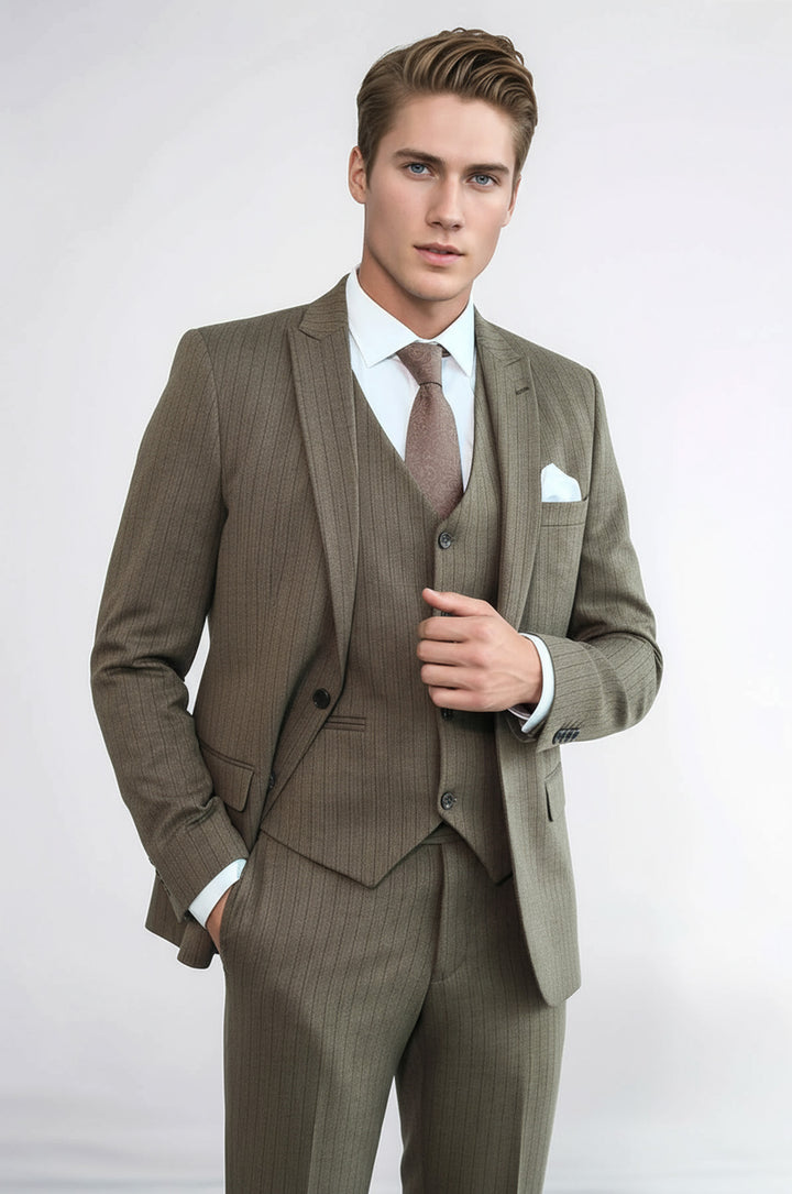 WSS Striped Slim Fit Brown Men Suit  - Comalcalco