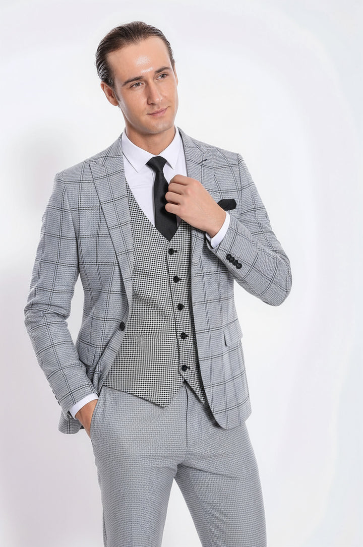 WSS Checked Patterned Slim Fit Grey Men Suit  - Gardena