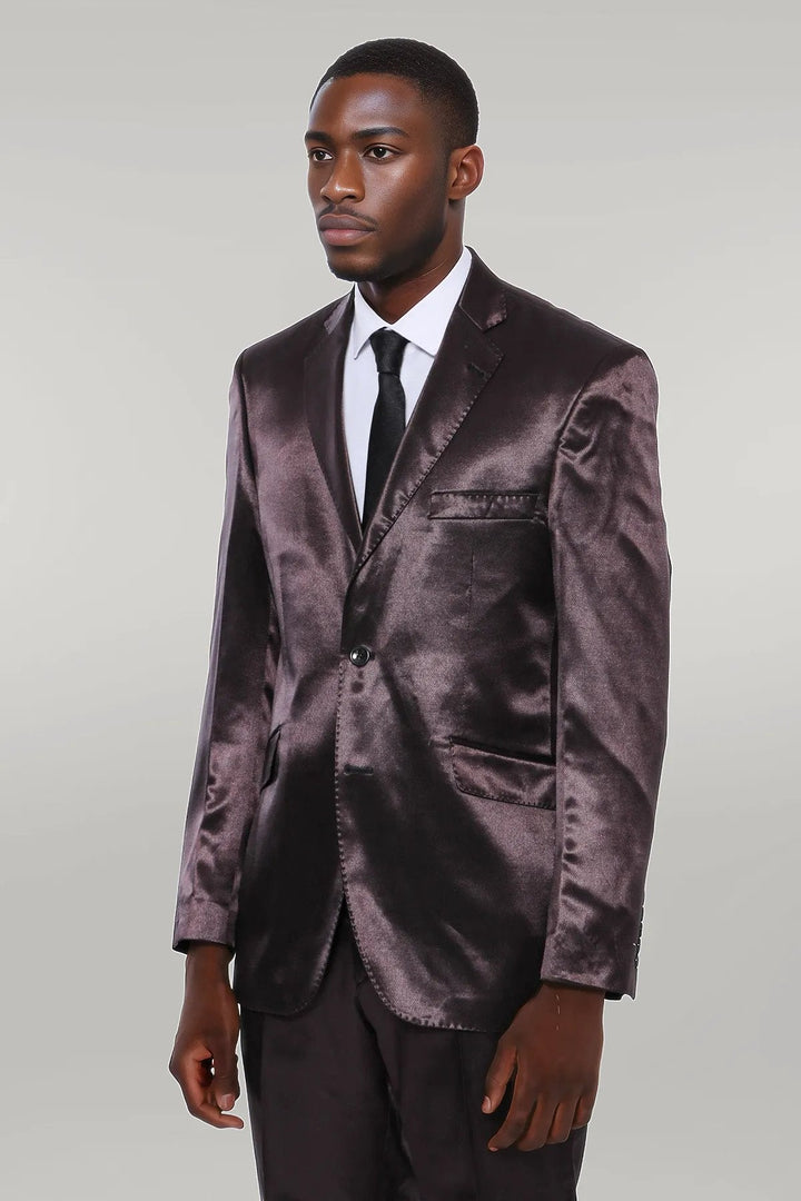 WSS Two Buttons Two Piece Slim Fit Satin Brown Men Suit - Singen