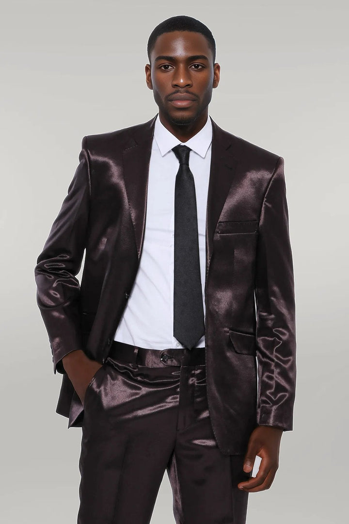WSS Two Buttons Two Piece Slim Fit Satin Brown Men Suit - Singen