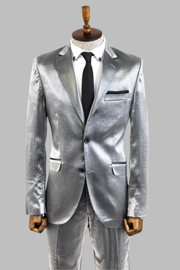 WSS Two Buttons Two Piece Slim Fit Satin Grey Men Suit - Rancho Palos Verdes