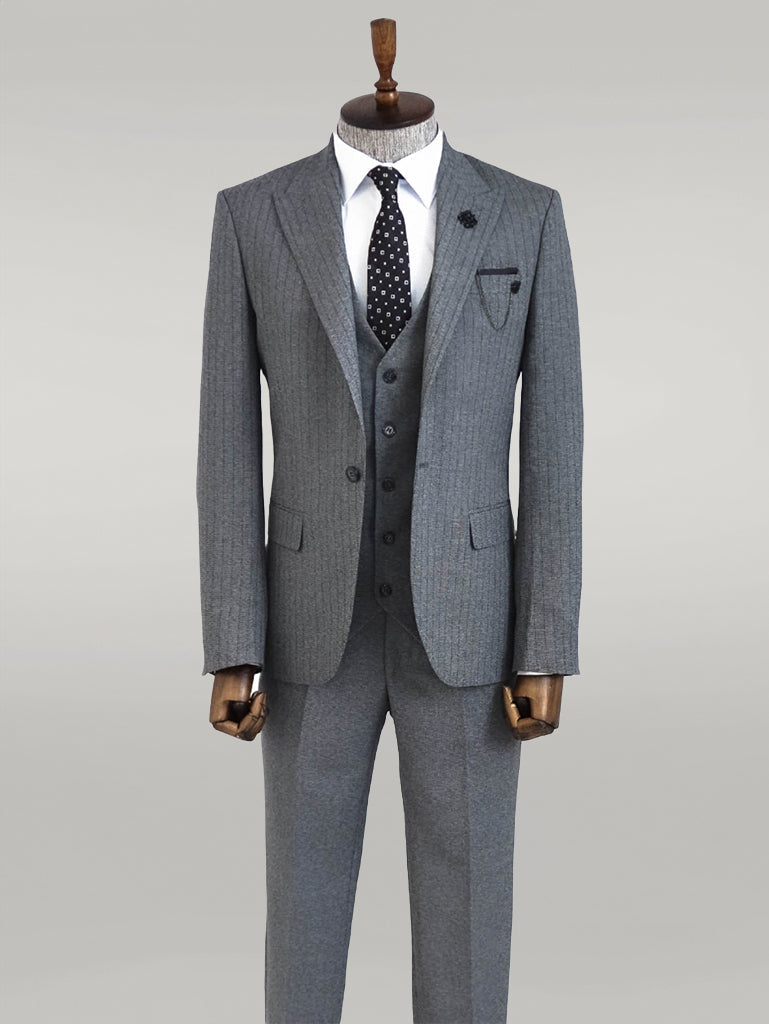 WSS Striped Vested Grey Men's Suit     - Singen