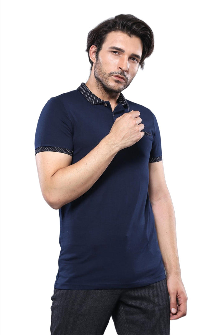 WSS Short Sleeves Neck Patterned Navy Blue Men Polo Shirt - Sandy