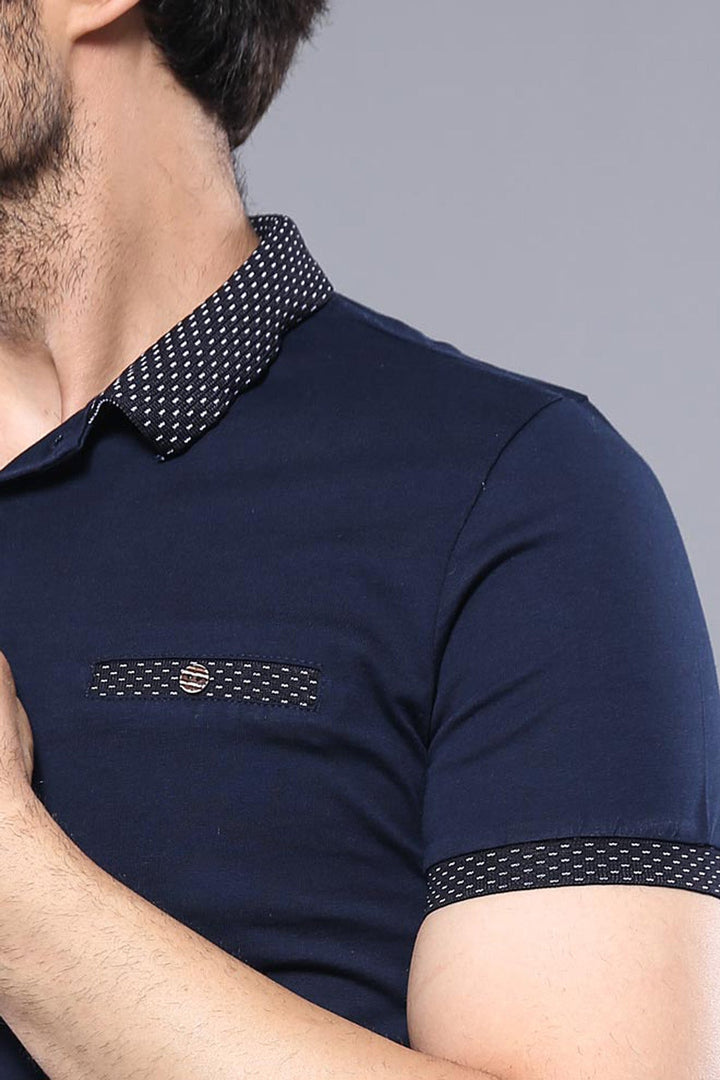 WSS Short Sleeves Neck Patterned Navy Blue Men Polo Shirt - Sandy