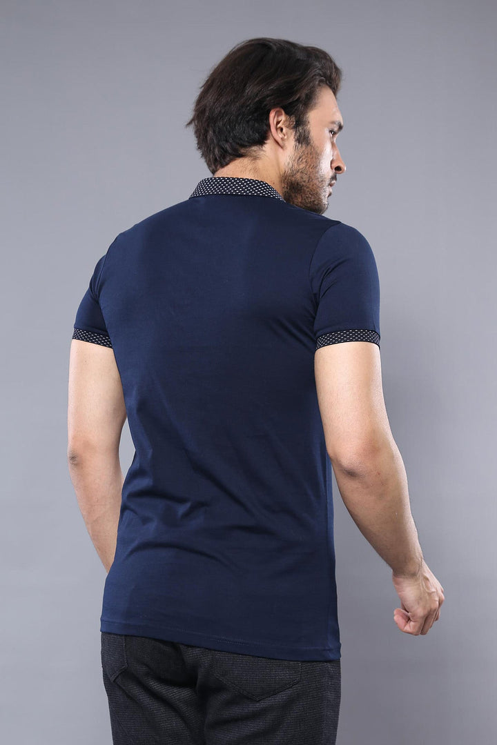 WSS Short Sleeves Neck Patterned Navy Blue Men Polo Shirt - Sandy