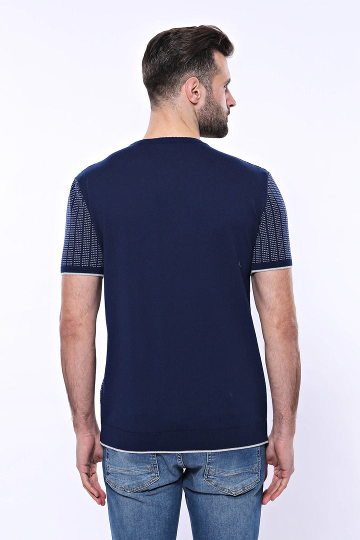 WSS Circle Neck Patterned Navy Knitted T-Shirt  - Singen