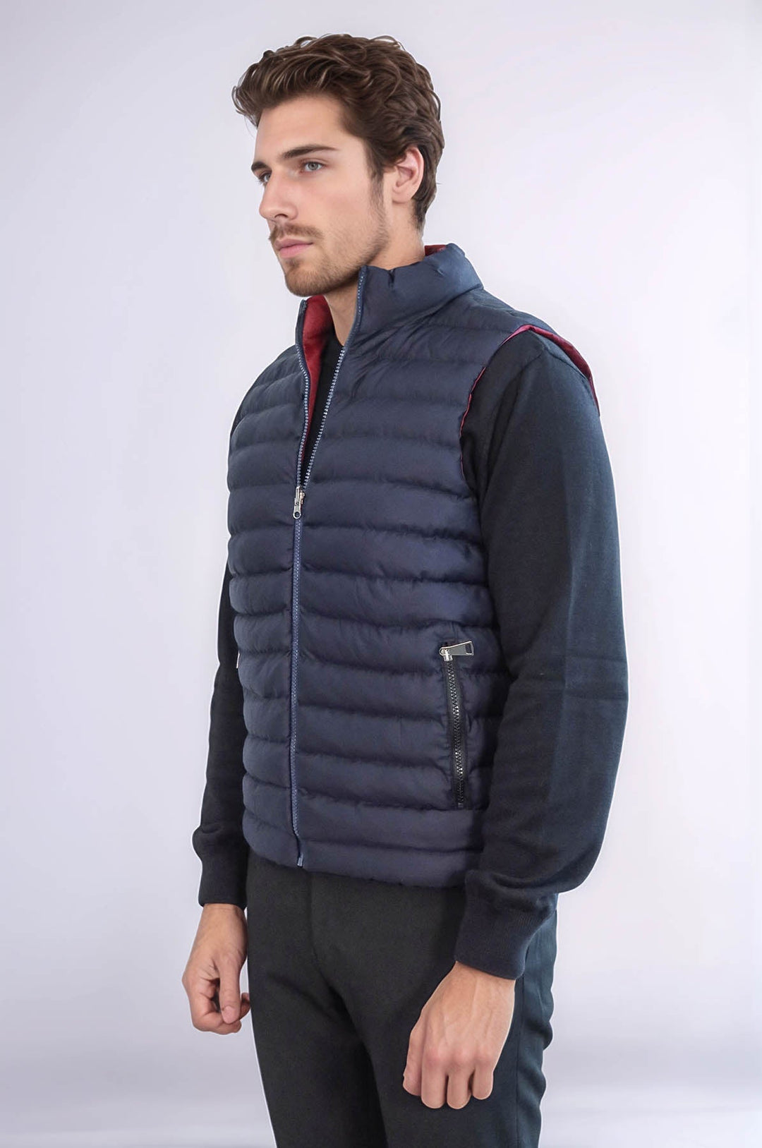 WSS Reversible Quilted Standing Collar Navy Blue Men Down Vest  - Honolulu