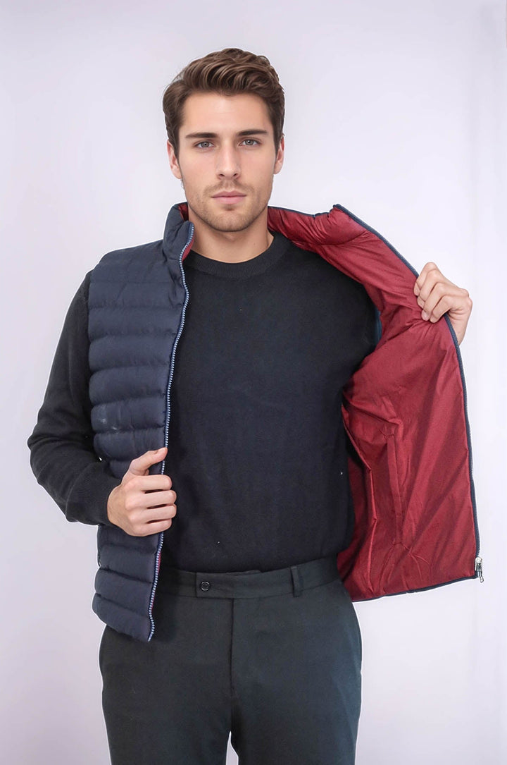 WSS Reversible Quilted Standing Collar Navy Blue Men Down Vest  - Honolulu