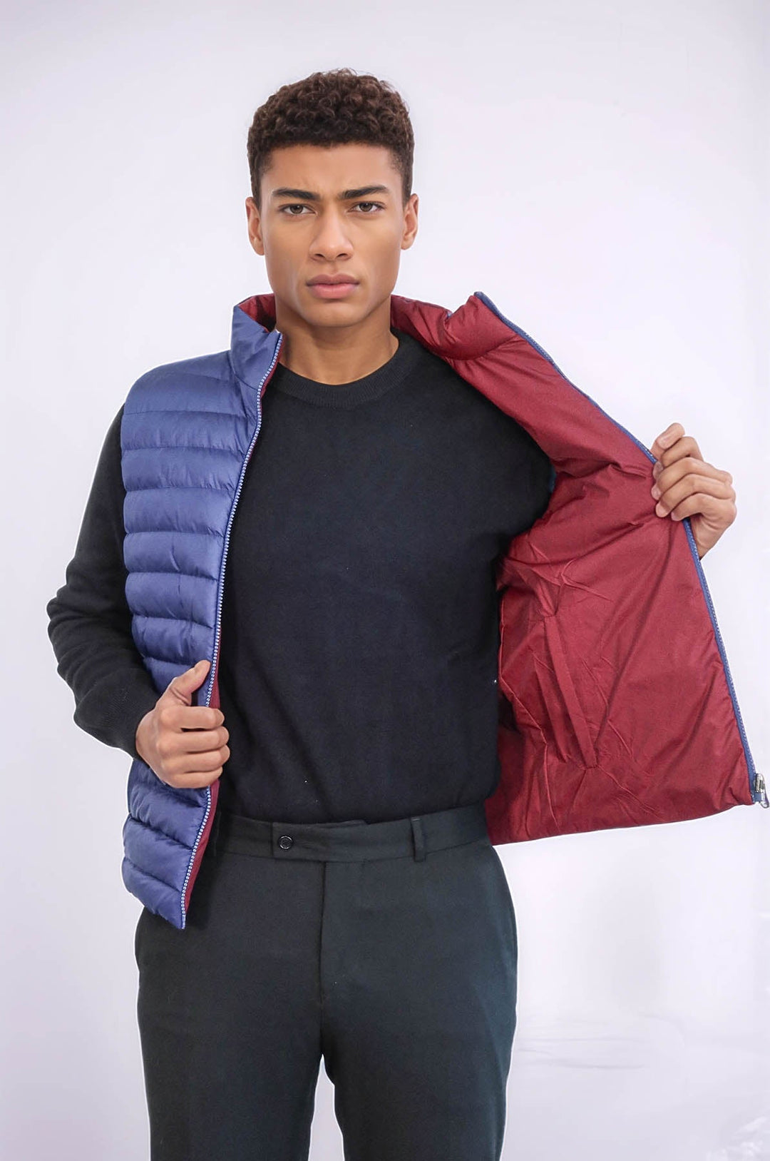 WSS Reversible Quilted Standing Collar Indigo Blue Men Down Vest  - Ocala