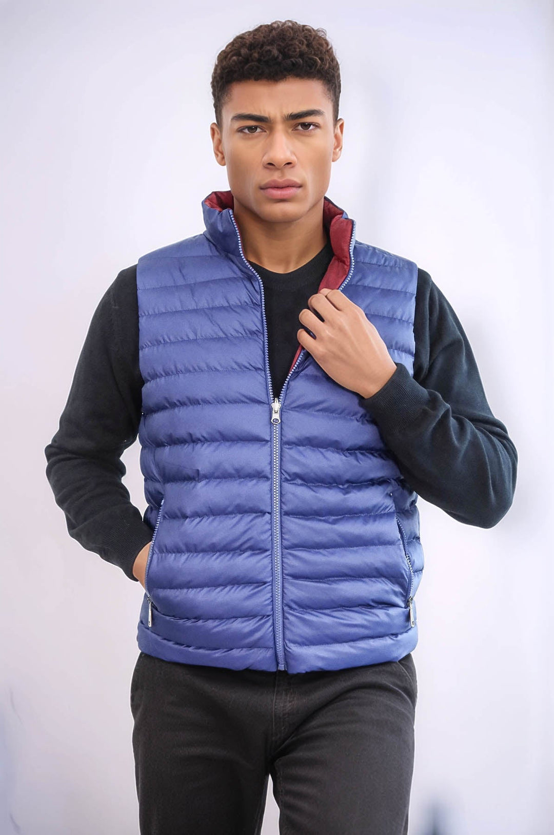 WSS Reversible Quilted Standing Collar Indigo Blue Men Down Vest  - Ocala