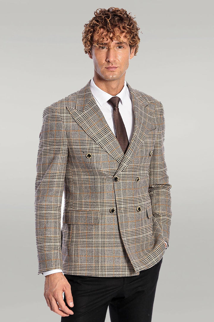 WSS Double Breasted Checked Grey Men Blazer  - Albany