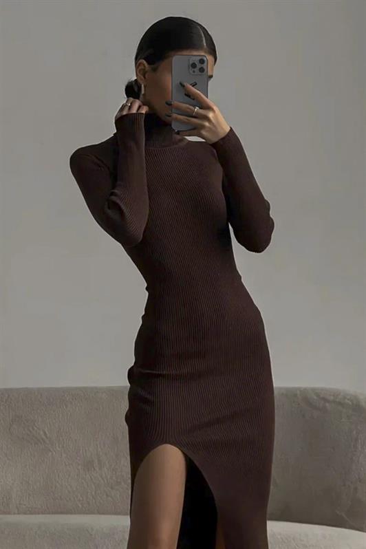 MDX Bitter Coffee Fisherman Collar Slit Women's Dress MG1735 - La Vergne