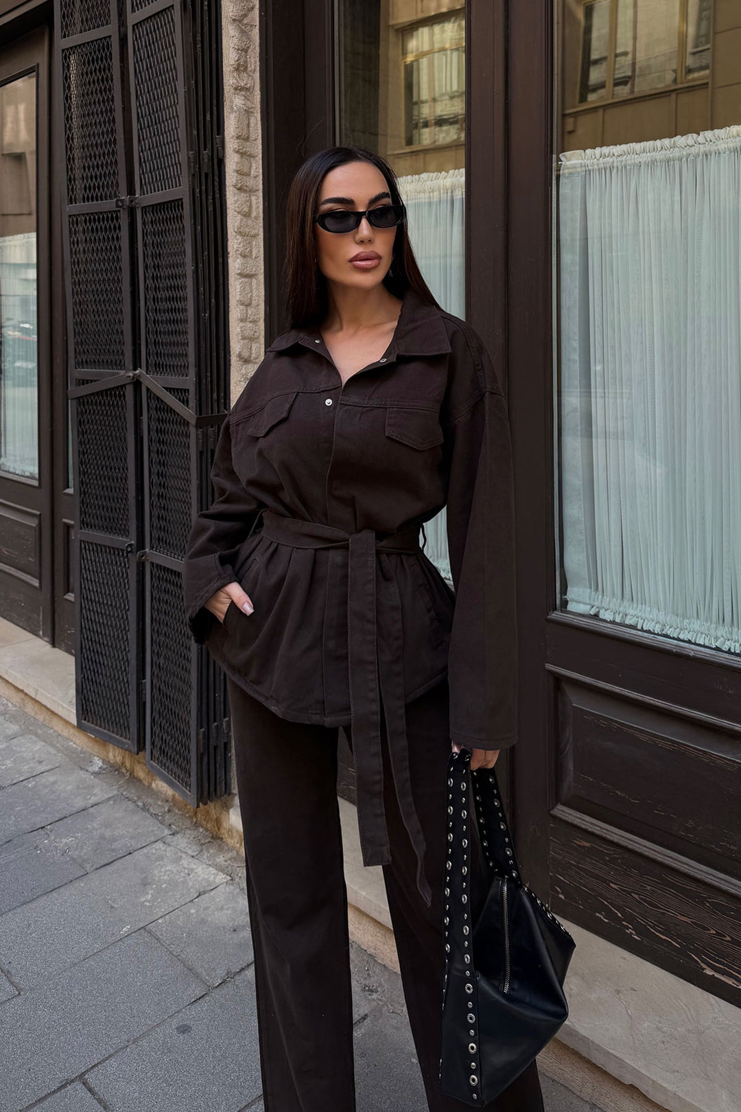 Bitter Coffee Belted Jacket and Pants Gabardine Suit BCDF-25DF4500 - Cento