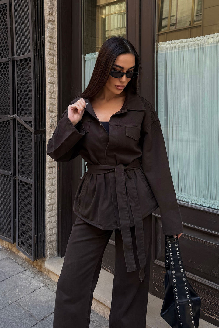 Bitter Coffee Belted Jacket and Pants Gabardine Suit BCDF-25DF4500 - Cento