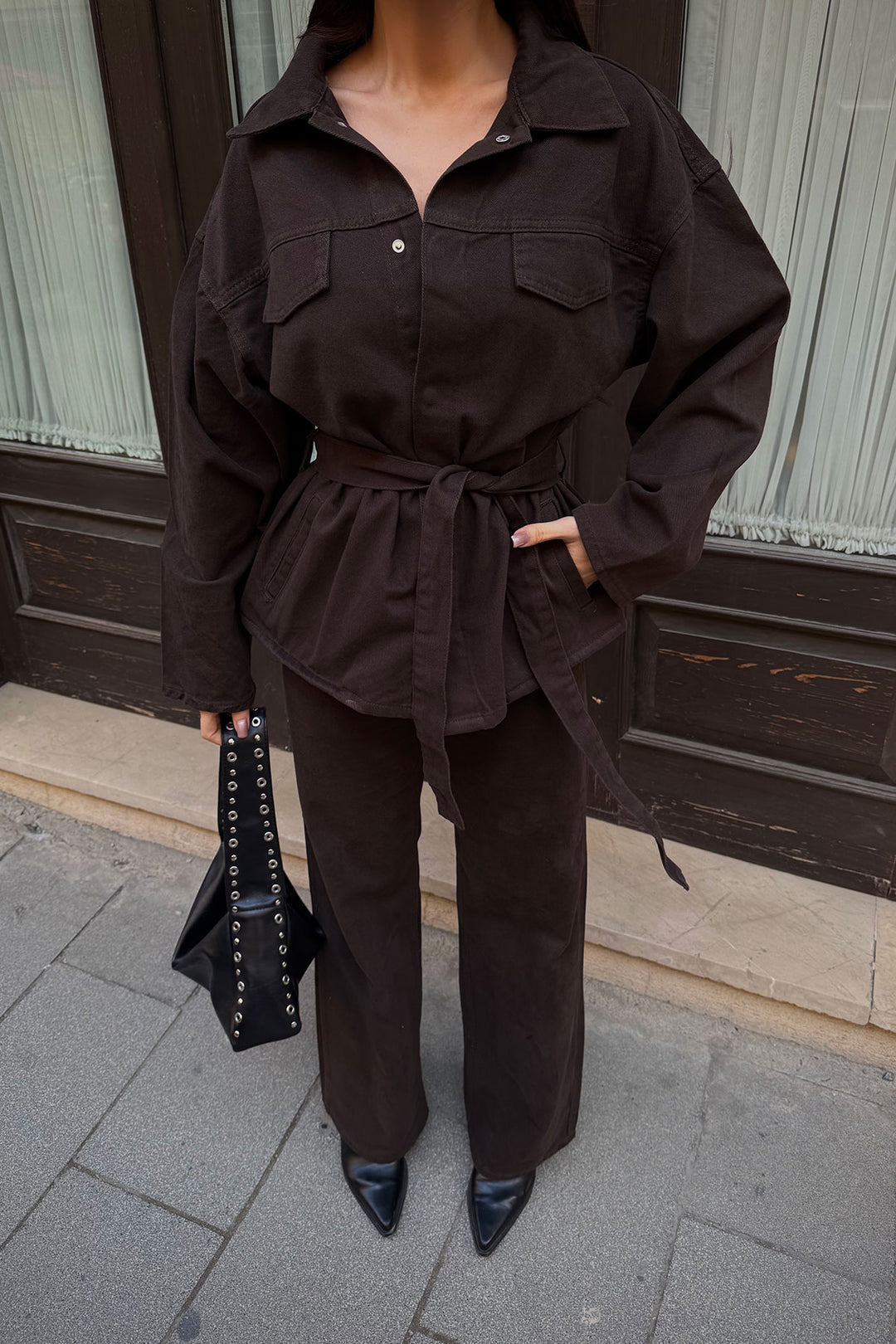 Bitter Coffee Belted Jacket and Pants Gabardine Suit BCDF-25DF4500 - Cento