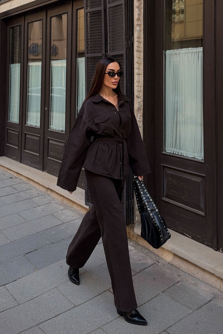 Bitter Coffee Belted Jacket and Pants Gabardine Suit BCDF-25DF4500 - Cento
