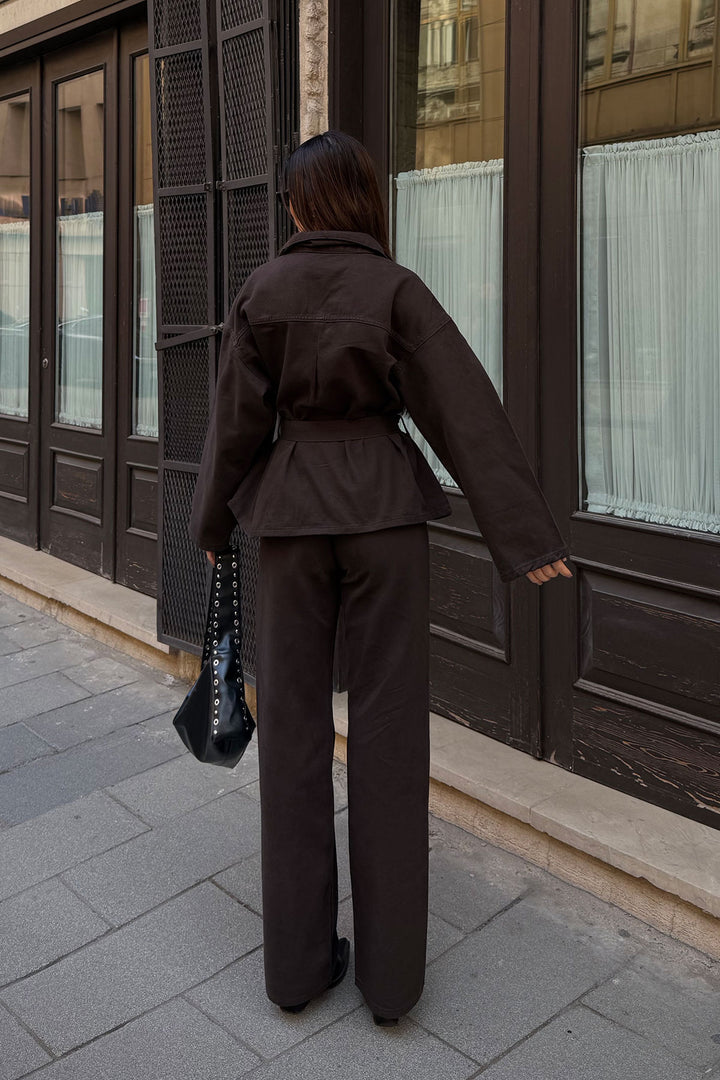 Bitter Coffee Belted Jacket and Pants Gabardine Suit BCDF-25DF4500 - Cento