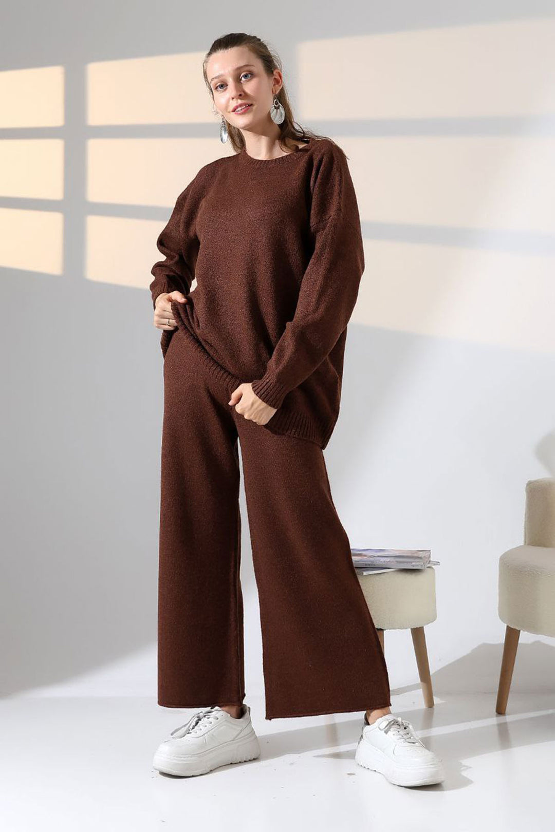 Bitter Coffee Bicycle Collar Sweater and Wide Leg Pants Top Bottom Knit Set BCES-252005 - Mérignac