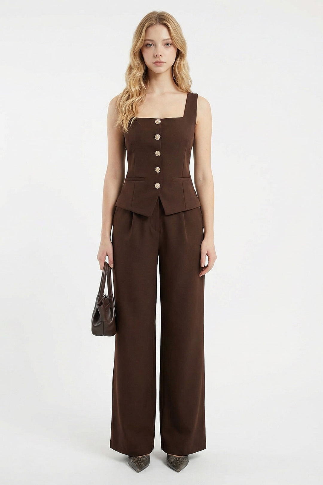 Acı Kahve Brit Detaylı Kare Yaka Crep Bluz Ve Pantolon Alt Üst Takım BCHN-2626844 - Oak Creek