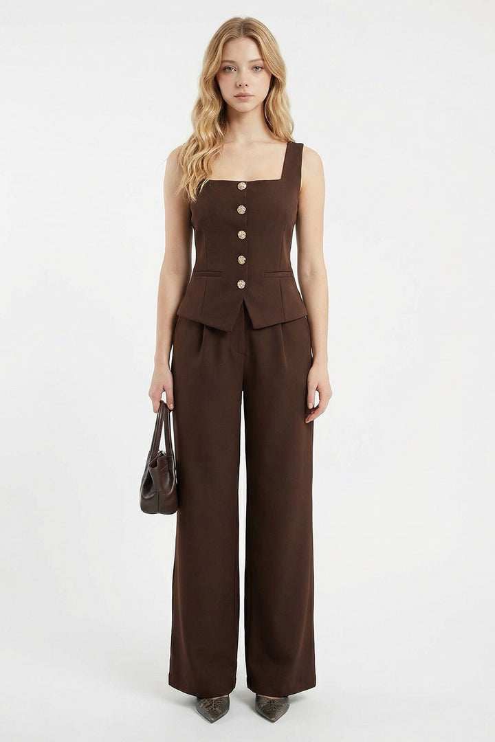 Acı Kahve Brit Detaylı Kare Yaka Crep Bluz Ve Pantolon Alt Üst Takım BCHN-2626844 - Oak Creek