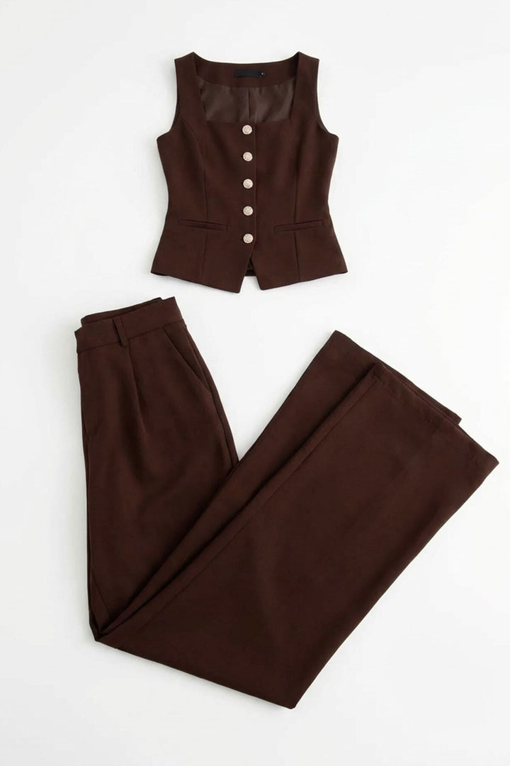 Acı Kahve Brit Detaylı Kare Yaka Crep Bluz Ve Pantolon Alt Üst Takım BCHN-2626844 - Oak Creek