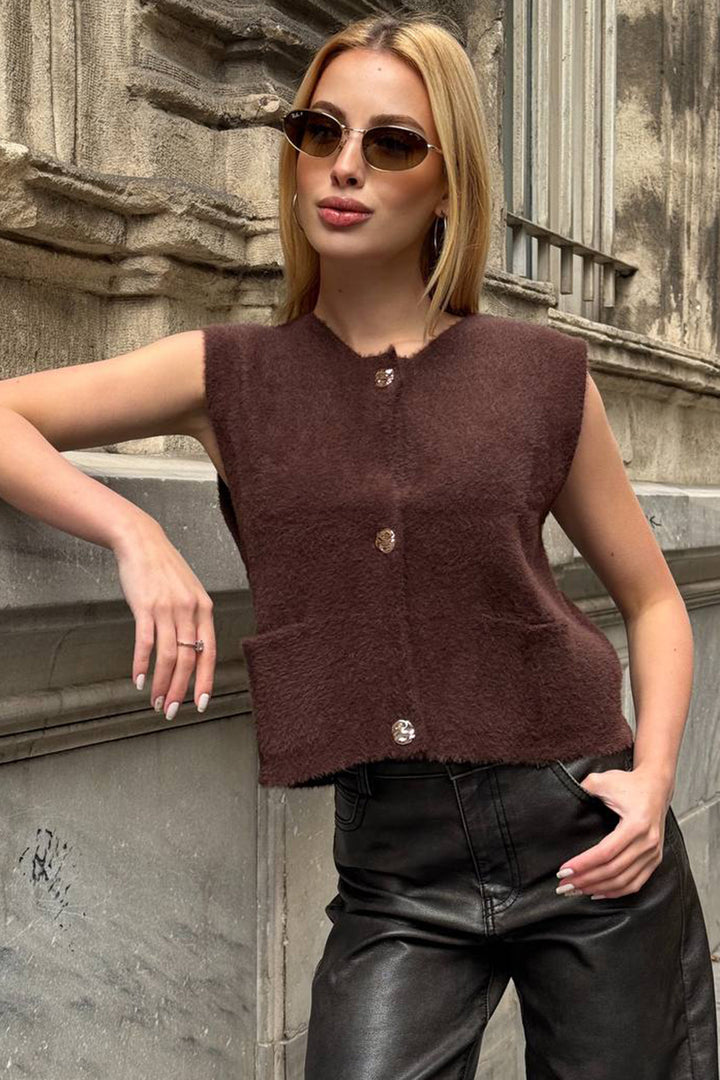 BCHZCK-251262 Painful Coffee Double Pocket Gold Buttoned Soft Vest Blouse - Sheboygan