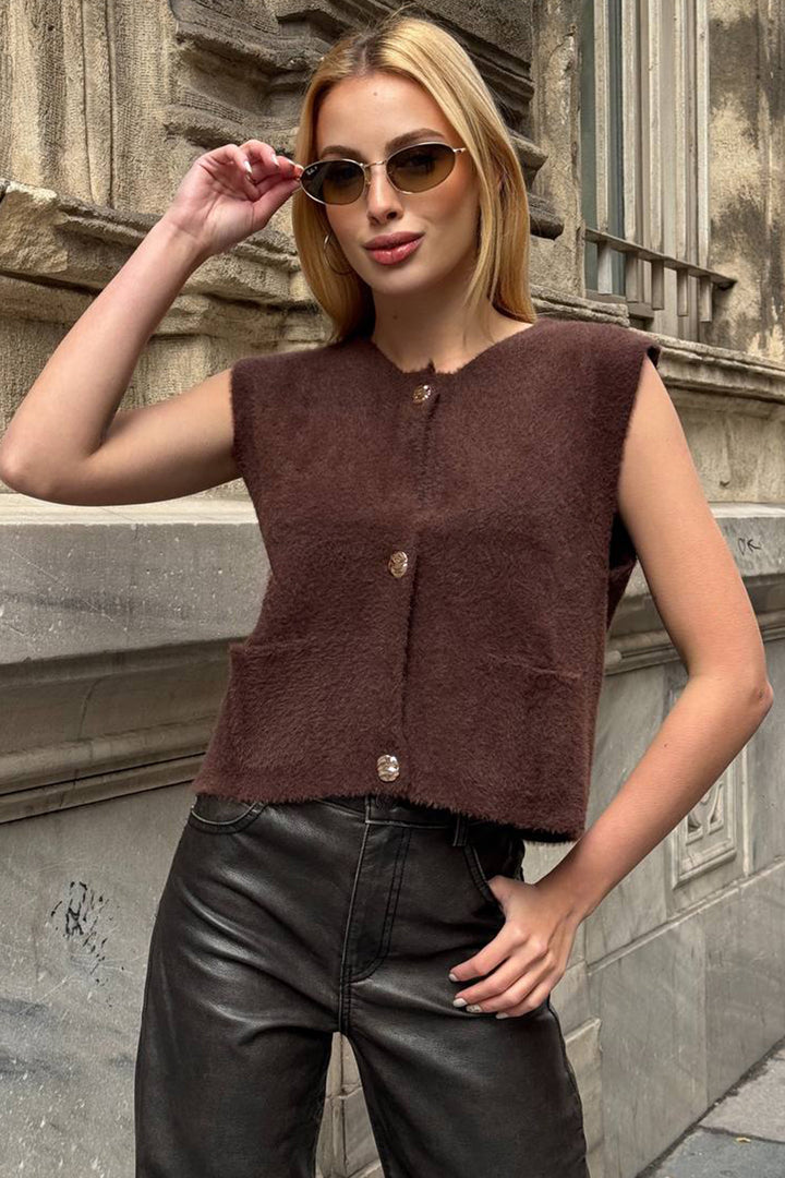 BCHZCK-251262 Painful Coffee Double Pocket Gold Buttoned Soft Vest Blouse - Boucherville