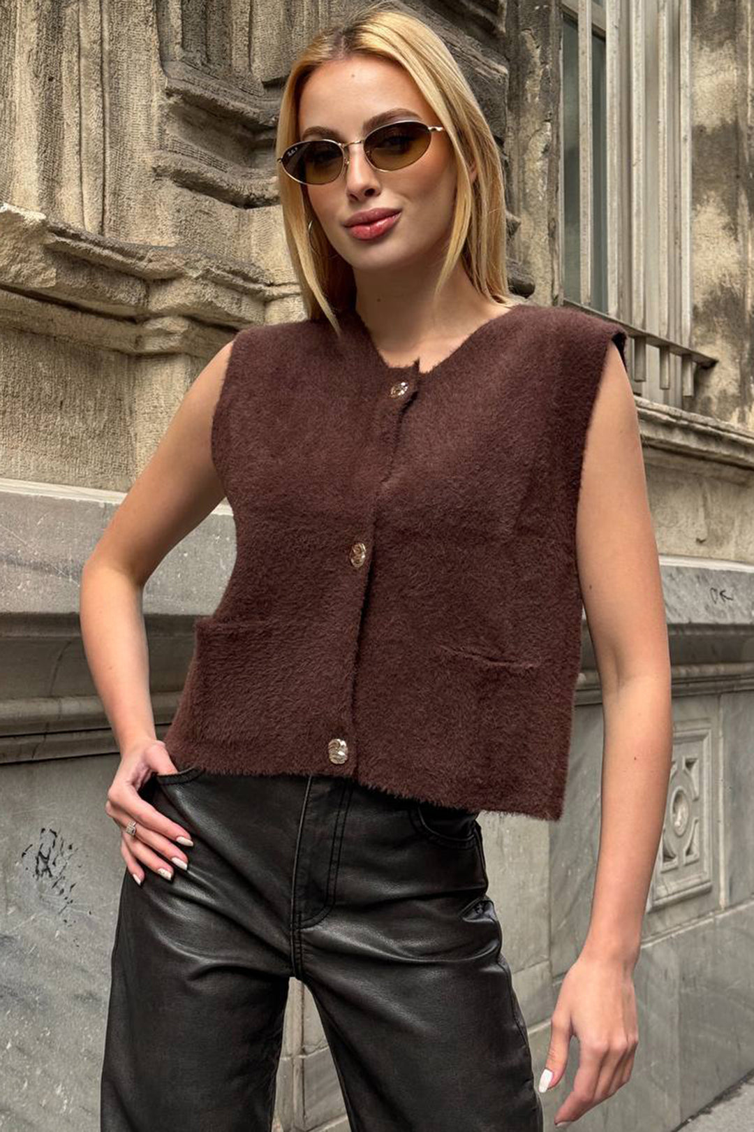 BCHZCK-251262 Painful Coffee Double Pocket Gold Buttoned Soft Vest Blouse - Boucherville