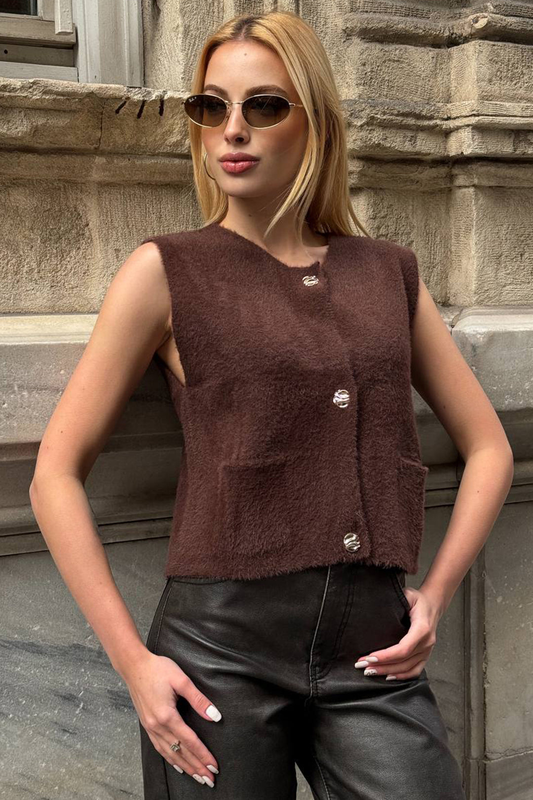 BCHZCK-251262 Painful Coffee Double Pocket Gold Buttoned Soft Vest Blouse - Sheboygan