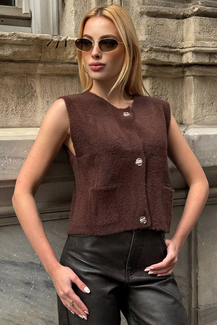 BCHZCK-251262 Painful Coffee Double Pocket Gold Buttoned Soft Vest Blouse - Boucherville