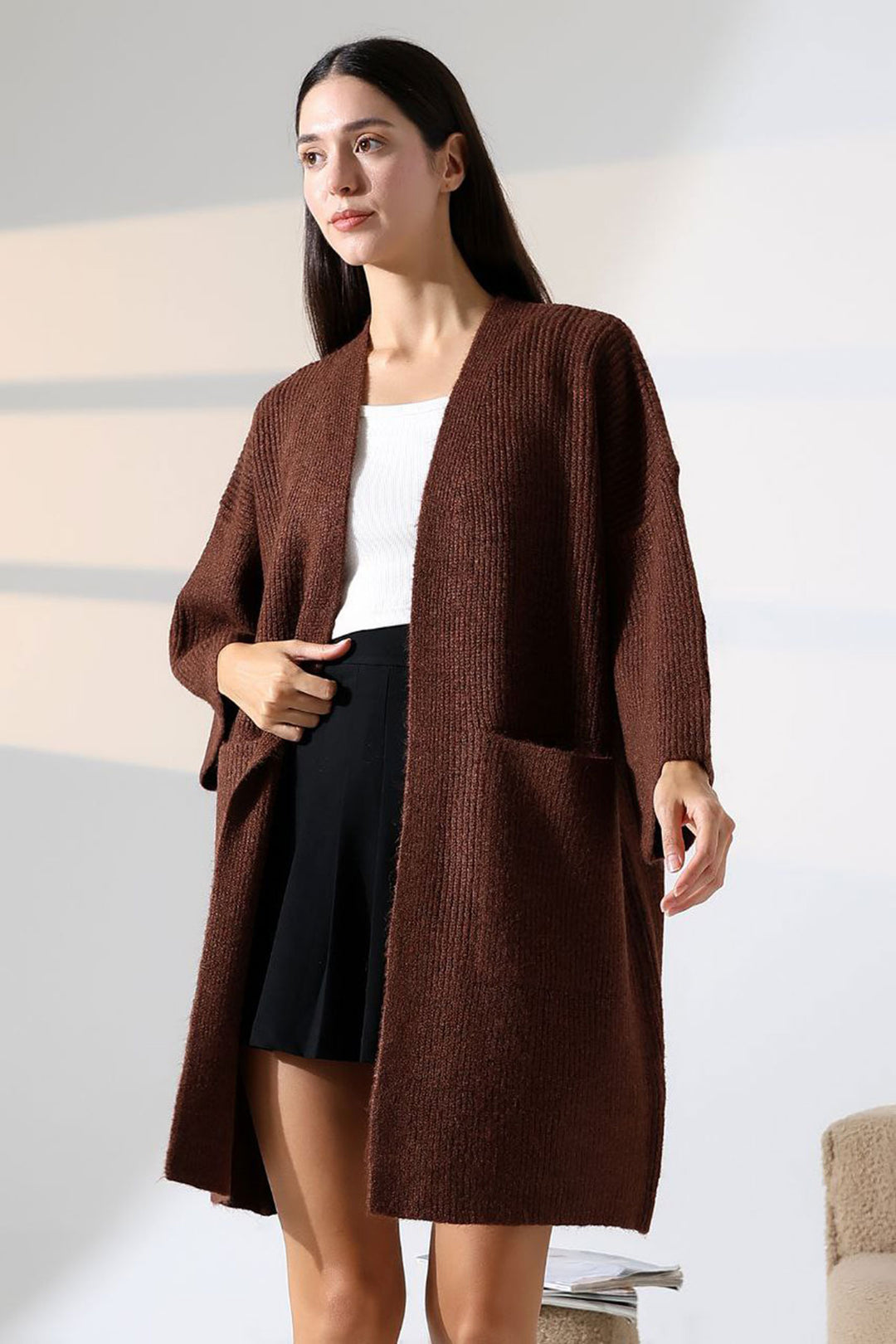 Bitter Coffee Double Pocket Half Sleeve Long Length Cardigan BCES-252019 - Oosterhout