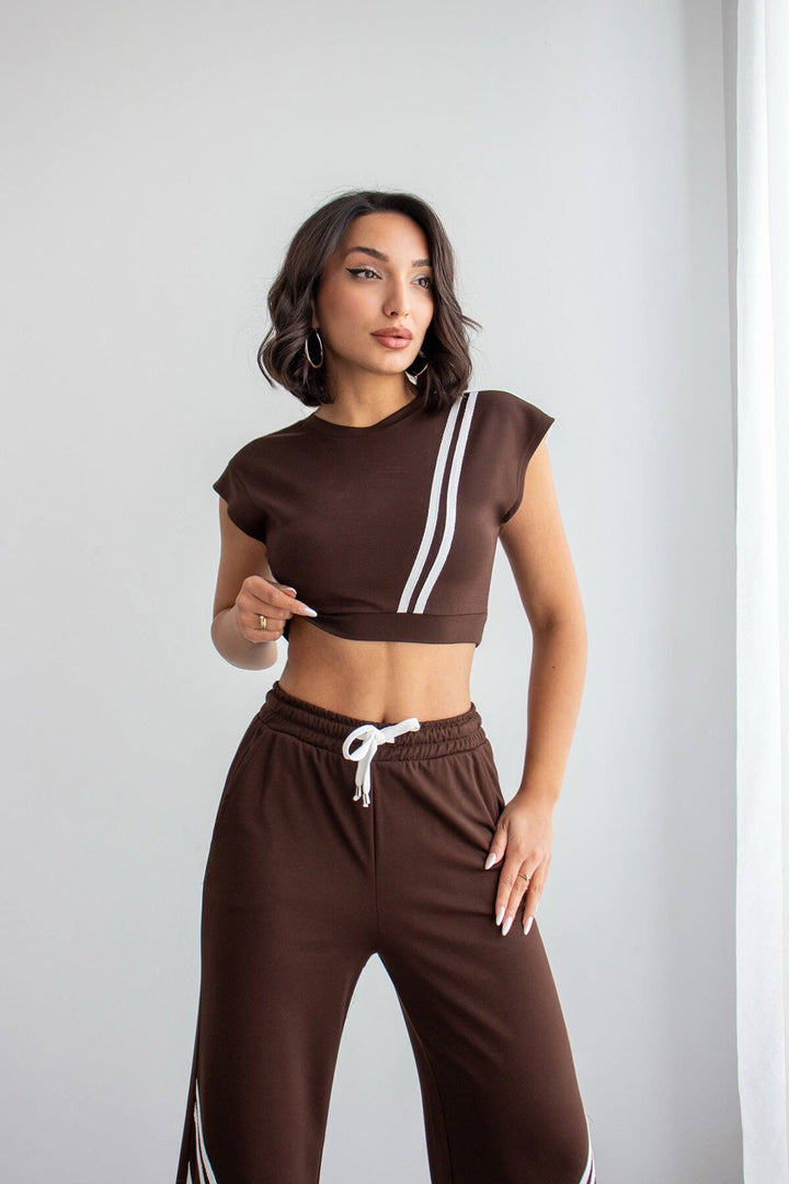Acı Kahve Çizgili Modal Kumaş Crop Alt Üst Takım - Bergisch Gladbach