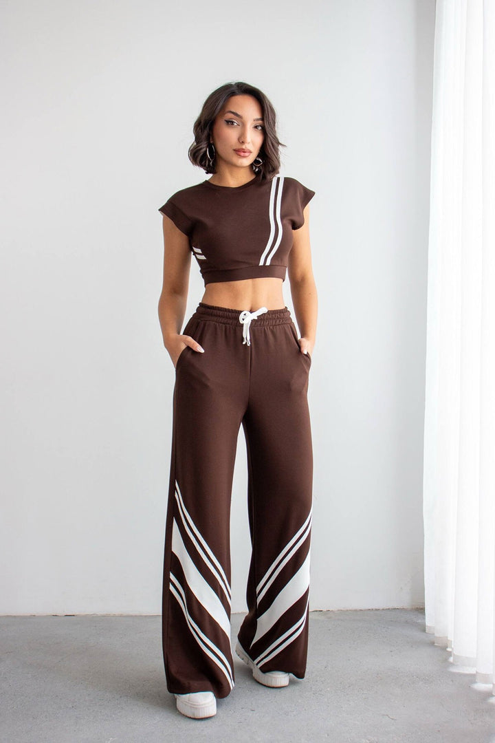 Acı Kahve Çizgili Modal Kumaş Crop Alt Üst Takım - Bergisch Gladbach
