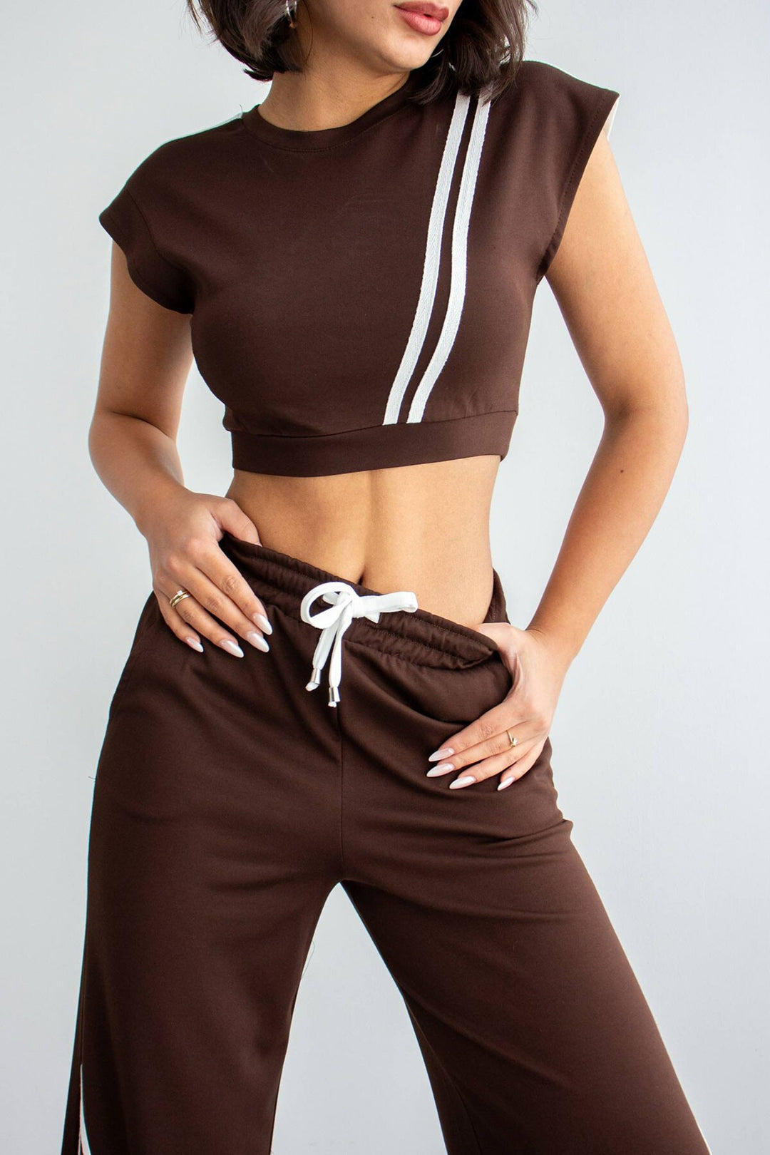 Acı Kahve Çizgili Modal Kumaş Crop Alt Üst Takım - Bergisch Gladbach