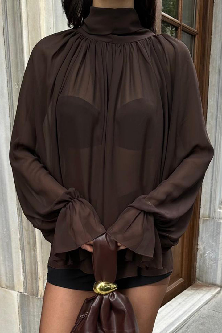 BCHWS-251255 Bitter Coffee High Neck Cape Cut Princess Sleeve Chiffon Blouse - Evanston