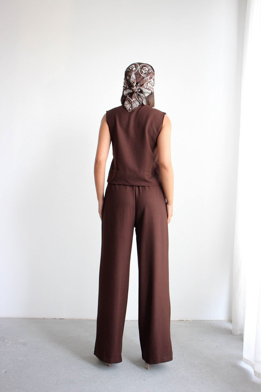 Acı Kahve Hakim Yaka Bluz Ve Beli Lastikli Dokuma Pantolon Alt Üst Takım BCHN-2626821 - Novara