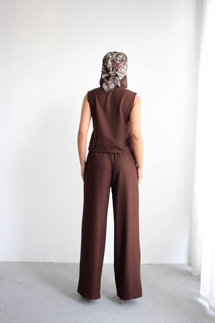 Acı Kahve Hakim Yaka Bluz Ve Beli Lastikli Dokuma Pantolon Alt Üst Takım BCHN-2626821 - Novara