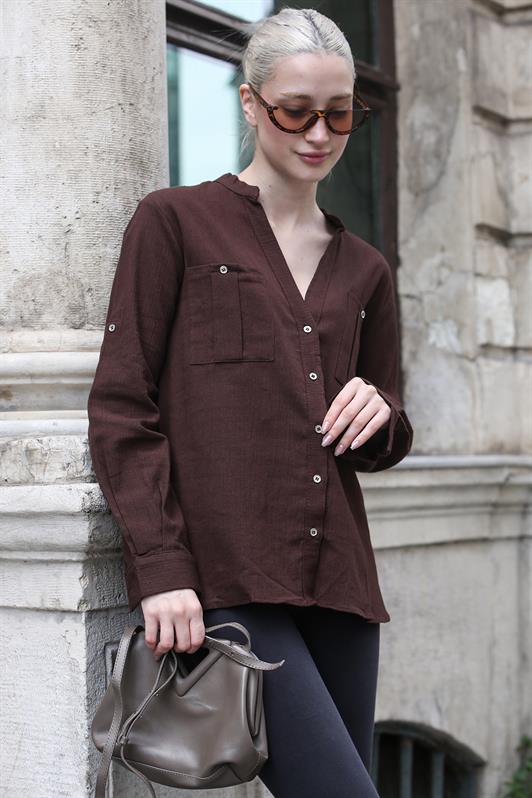 MDX Bitter Coffee Curved Sleeve Linen Blend Women's Shirt MG1847 - Mexicali