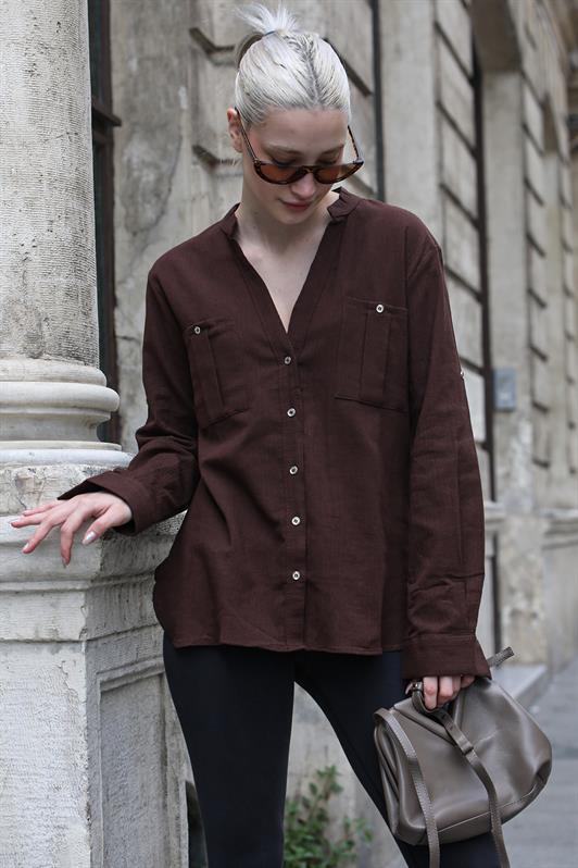 MDX Bitter Coffee Curved Sleeve Linen Blend Women's Shirt MG1847 - Mexicali