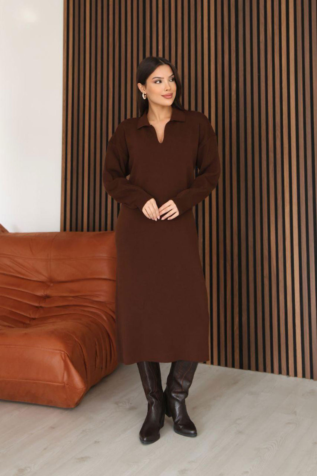 Acı Kahve Polo Yaka Midi Boy Triko Elbise BCES-253018 - Nola