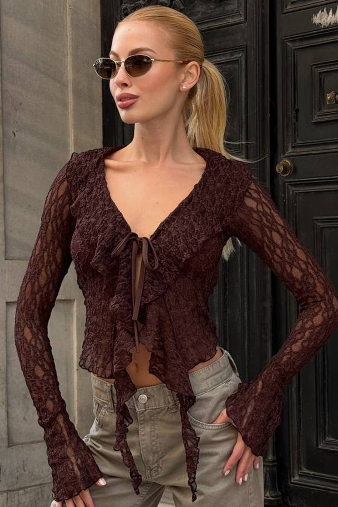 BCHZCK-251264 Painful Coffee V-Neck Tied Front Ruffled Tulle Blouse - Shakopee
