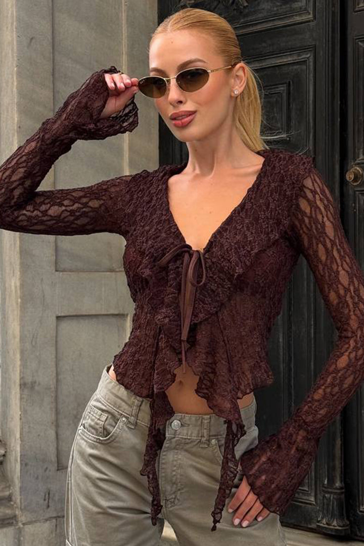 BCHZCK-251264 Painful Coffee V-Neck Tied Front Ruffled Tulle Blouse - Blackpool
