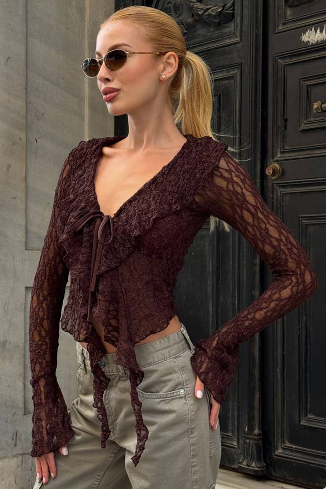 BCHZCK-251264 Painful Coffee V-Neck Tied Front Ruffled Tulle Blouse - Shakopee