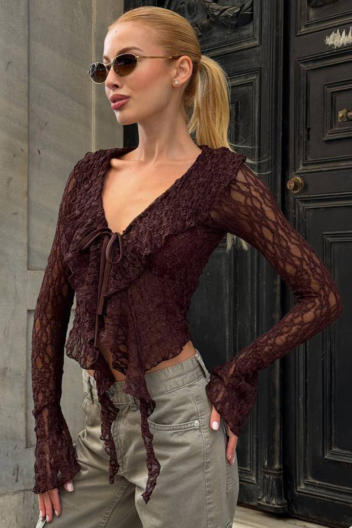 BCHZCK-251264 Painful Coffee V-Neck Tied Front Ruffled Tulle Blouse - Blackpool