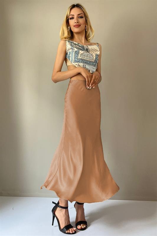 MDX Open Beige Basic Long Satin Skirt MG1409 - Cape Coral