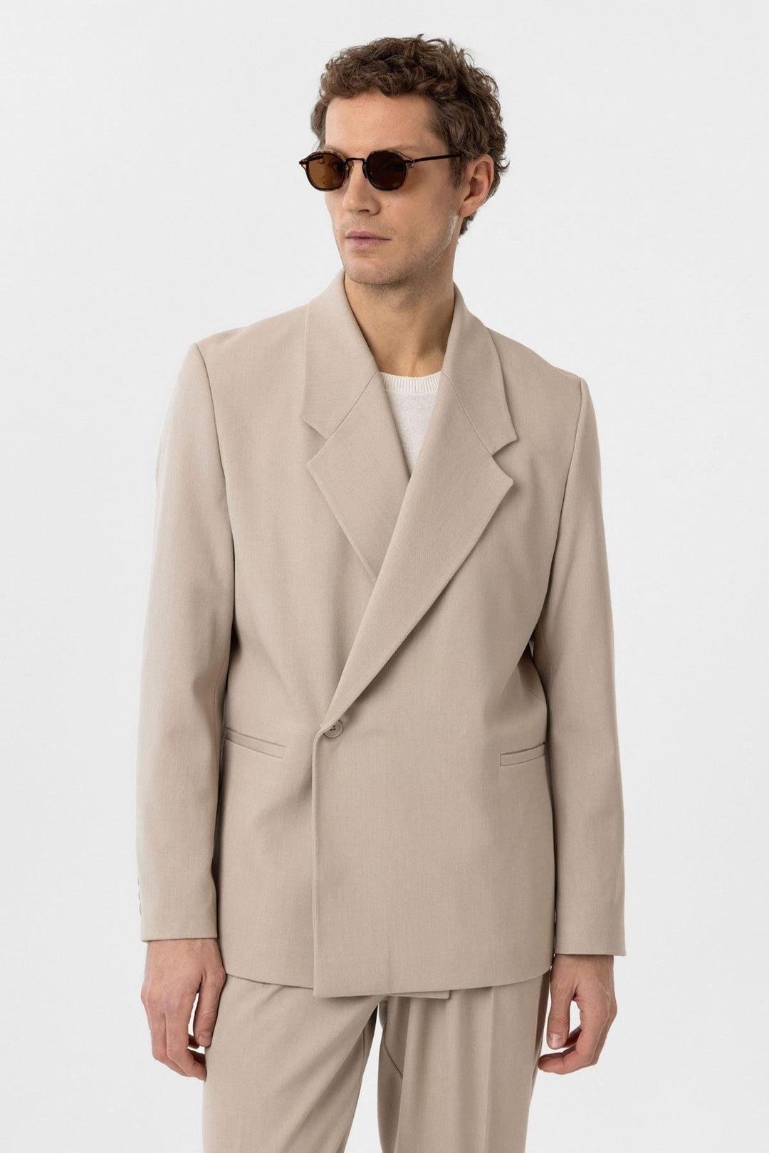 ANT Antioch Open Beige Double Breasted Flap Pocket Men's Blazer Jacket - Arecibo