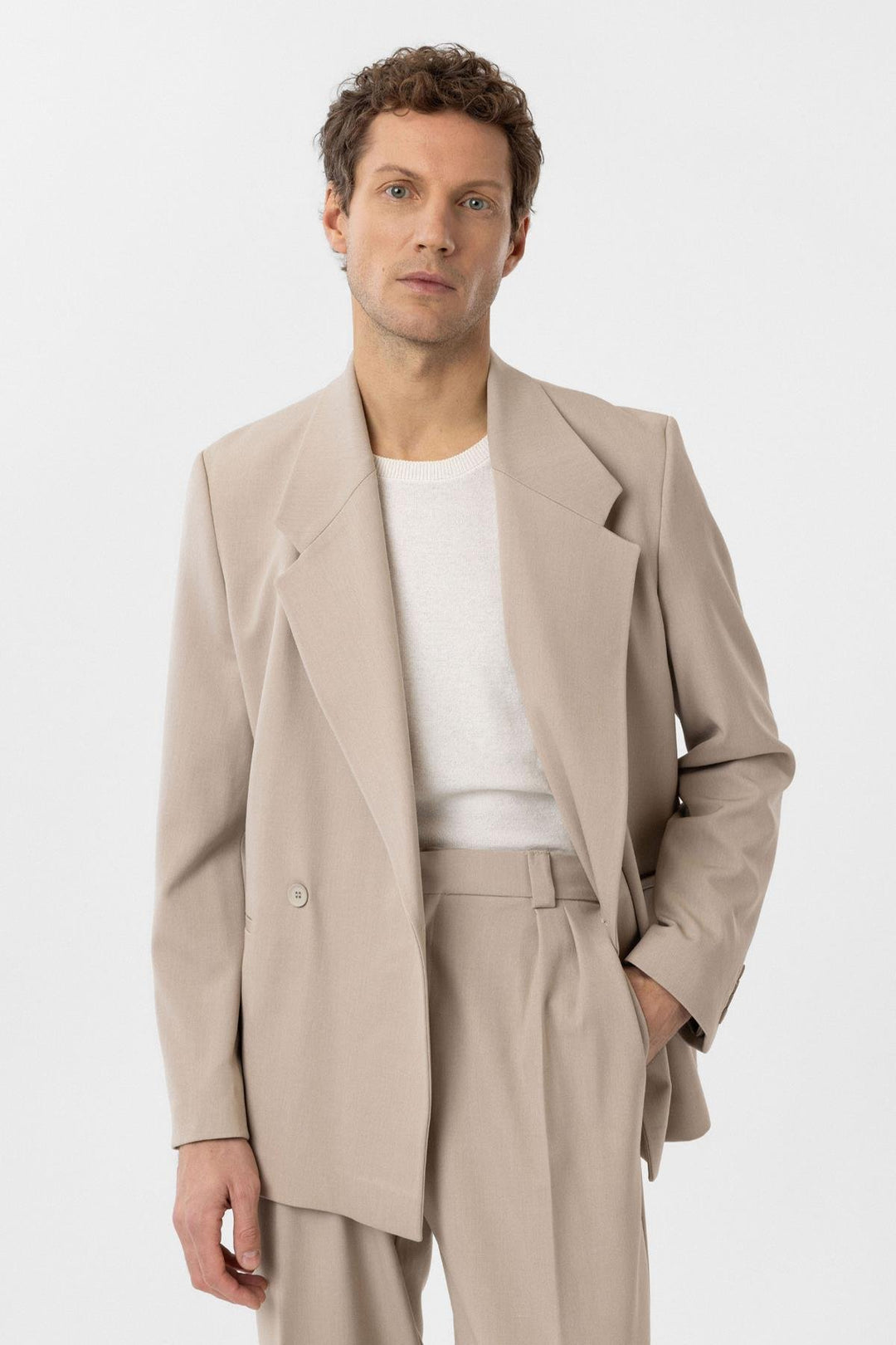 ANT Antioch Open Beige Double Breasted Flap Pocket Men's Blazer Jacket - Arecibo