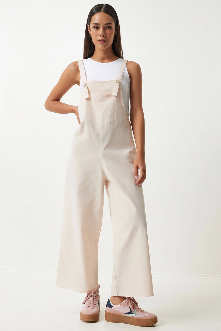 Light Beige Front Pocketed Strappy Summer Gabardine Gardener Jumpsuit - San Antonio Abad