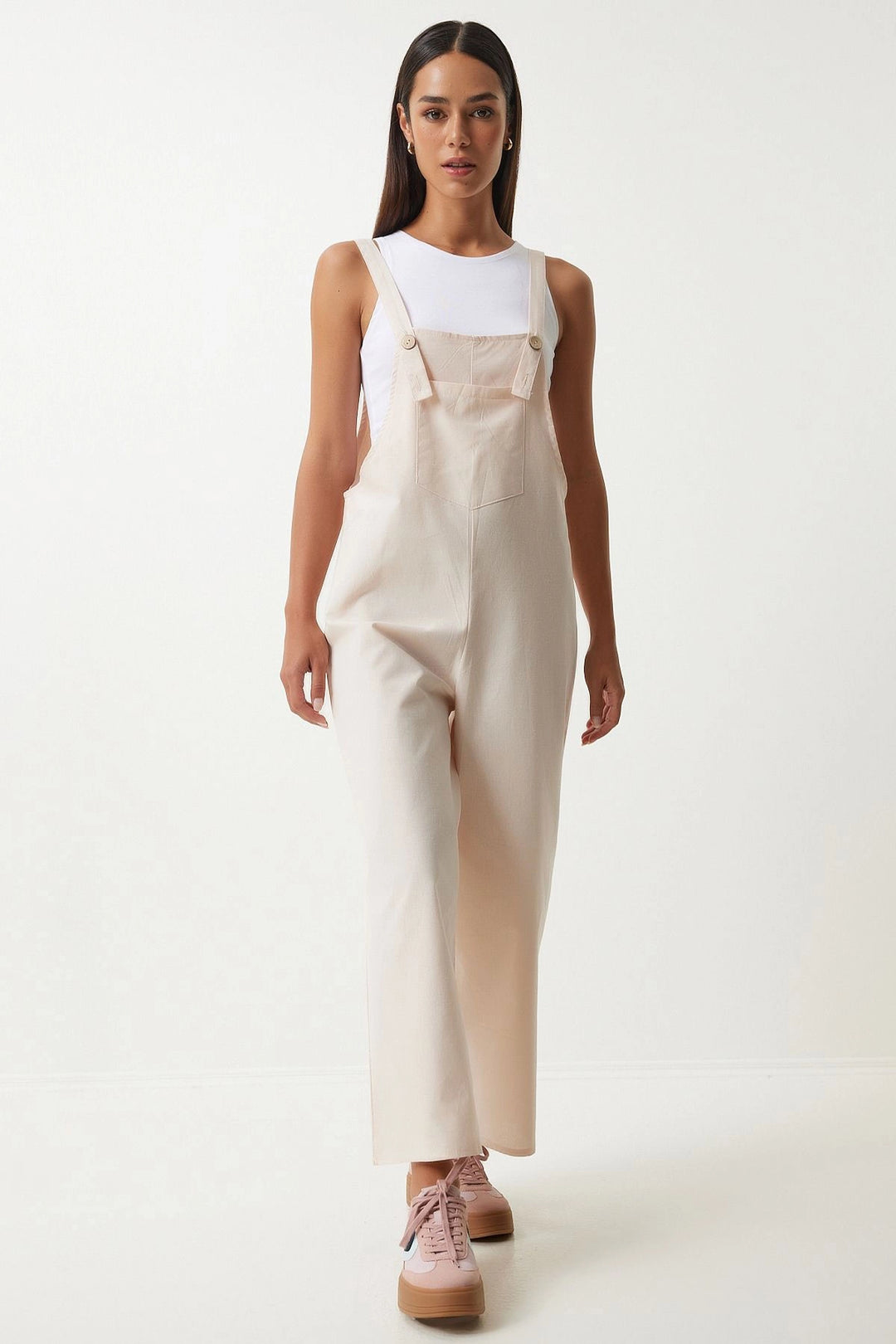 Light Beige Front Pocketed Strappy Summer Gabardine Gardener Jumpsuit - San Antonio Abad